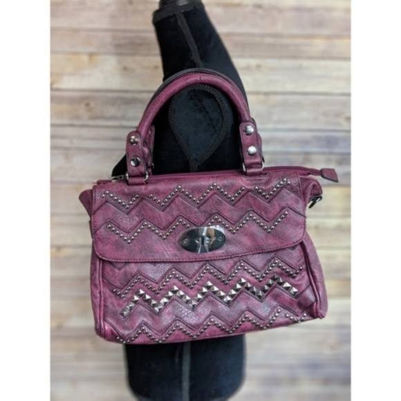 Wine Red Chevron Stud Handbag Purse - Picture 6 of 6